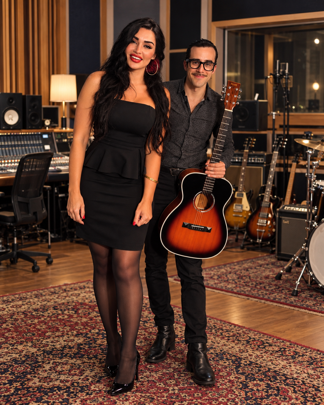 Lady Karla y su guitarrista en el estudio